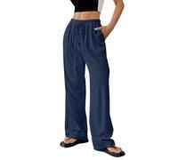 Women's Cotton Linen Trouser, Summer Loose Fit Casual Linen Elasticated High Waist Wide Leg Pants Ladies Elegant Loose Lounge Palazzo Pants with Pockets and Drawstring Navy