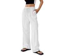 Women's Cotton Linen Trouser, Summer Loose Fit Casual Linen Elasticated High Waist Wide Leg Pants Ladies Elegant Loose Lounge Palazzo Pants with Pockets and Drawstring White