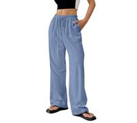 Women's Cotton Linen Trouser, Summer Loose Fit Casual Linen Elasticated High Waist Wide Leg Pants Ladies Elegant Loose Lounge Palazzo Pants with Pockets and Drawstring Blue