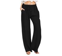 Women's Cotton Linen Trousers Casual Wide Leg Trousers Loose Elasticated Waist Drawstring Solid Color Palazzo Pants with Pockets Womens Summer Pants Beach (Black, S)