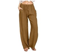 Women's Cotton Linen Trousers Casual Wide Leg Trousers Loose Elasticated Waist Drawstring Solid Color Palazzo Pants with Pockets Womens Summer Pants Beach (Brown, XXXL)