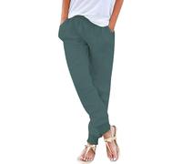 Womens Cotton Linen Trousers Elastic Waist Tapered Pants with Pockets Lightweight Comfortable Casual Trousers Teen Girls Cuffed Lounge Bottoms