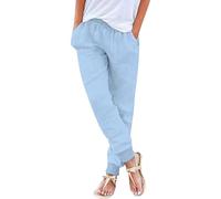 Womens Cotton Linen Trousers Elastic Waist Tapered Pants with Pockets Lightweight Comfortable Casual Trousers Teen Girls Cuffed Lounge Bottoms Sky Blue