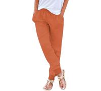 Womens Cotton Linen Trousers Elastic Waist Tapered Pants with Pockets Lightweight Comfortable Casual Trousers Teen Girls Cuffed Lounge Bottoms