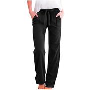 Womens Cotton Linen Trousers Elasticated Waist Summer Trousers with Pockets Solid Color Lounge Pants Loose Fit Yoga Pants Casual Straight Leg Full Length Bottoms Warehouse Deals Clearance