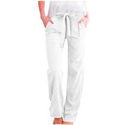 Womens Cotton Linen Trousers Elasticated Waist Summer Trousers with Pockets Solid Color Lounge Pants Loose Fit Yoga Pants Casual Straight Leg Full Length Bottoms Warehouse Deals Clearance