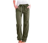 Womens Cotton Linen Trousers Elasticated Waist Summer Trousers with Pockets Solid Color Lounge Pants Loose Fit Yoga Pants Casual Straight Leg Full Length Bottoms Warehouse Deals Clearance