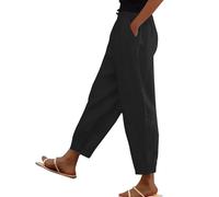 Womens Cotton Linen Trousers Solid Color Elasticated Waist Trouser Ladies Summer Lounge Pants Plain Loose Fit Capri Pant Casual Straight Leg Bottoms with Pockets Going Out Office Work S-5XL B Black