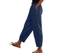 Womens Cotton Linen Trousers Solid Color Elasticated Waist Trouser Ladies Summer Lounge Pants Plain Loose Fit Capri Pant Casual Straight Leg Bottoms with Pockets Going Out Office Work S-5XL