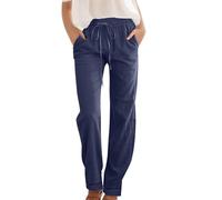 Womens Cotton Linen Trousers Straight Wide Leg Drawstring,Women's High Waist Full Length Trousers Soft Cotton Linen Summer Drawstring Pants Relaxed Fit Casual Tapered Pants Navy