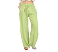 Women's Cotton Linen Trousers Summer Casual Drawstring Elastic Waist Long Pants with Pockets Straight Wide Leg Comfy Palazzo Lightweight Sports Loose Fit Ladies Bottoms Green S