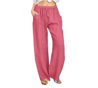 Women's Cotton Linen Trousers Summer Casual Drawstring Elastic Waist Long Pants with Pockets Straight Wide Leg Comfy Palazzo Lightweight Sports Loose Fit Ladies Bottoms Watermelon Red S