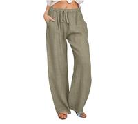 Women's Cotton Linen Trousers Summer Casual Drawstring Elastic Waist Long Pants with Pockets Straight Wide Leg Comfy Palazzo Lightweight Sports Loose Fit Ladies Bottoms Green S