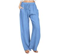 Womens Cotton Linen Trousers UK Sale Clearance, Drawstring High Waist Pants Ladies Plain Yoga Trousers Wide Leg Lounge Pants Running Jogger Palazzo Trousers with Pockets Baggy Sweatpants Streetwear
