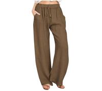 Womens Cotton Linen Trousers UK Sale Clearance, Drawstring High Waist Pants Ladies Plain Yoga Trousers Wide Leg Lounge Pants Running Jogger Palazzo Trousers with Pockets Baggy Sweatpants Streetwear