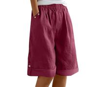 Women's Cotton Linen Trousers UK Summer Shorts Knee Length Pants Loose Fit Straight Elasticated Waist Pockets with Button Detail Pull On Vacation Home Relaxed Cropped Bottoms Comfort Stretchy Everyday