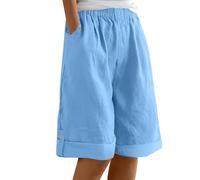Women's Cotton Linen Trousers UK Summer Shorts Knee Length Pants Loose Fit Straight Elasticated Waist Pockets with Button Detail Pull On Vacation Home Relaxed Cropped Bottoms Comfort Stretchy Everyday