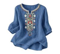 Women's Cotton Linen Tunic Top UK 3/4 Sleeve Embroidered Floral Crewneck Bohemian Summer Tops Casual Baggy Lightweight Loose Fit Flowy Boho Going Out Beach Travel Holidays Shirts 2026 Sky Blue