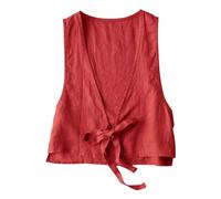 Women's Cotton Linen Vest Casual Sleeveless Jacket Tie Front Lightweight Vest Heat Reflective Coat (Red, XXL)