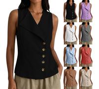 Women's Cotton Linen Waistcoats Summer Fashion 2026 V-Neck Sleeveless Asymmetric Folded Lapel Button Up Lightweight Casual Business Office Work Suit Vest Tops Job Interview Clothes for Women