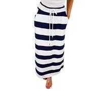 Women's Cotton Midi Skirts for UK Skirts for UK Plus Size Femboy Skirt Striped Skirt with Drawstring Gingham Maxiskirt A-Line Elasticated Waist Summerskirt Beach Vacation Clothes Dark Blue