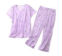 Women's Cotton Pajama Set Cute Pattern Printing 2 Piece Pjs Set Short Sleeved O-Neck And Capri Trousers Suit Plus Size Ladies Loungewear Sets Lightweight Soft Comfy Sleepwear Nightwear