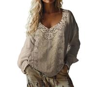 Womens Cotton Tops Oversized Bohemian Embroidered Tops Fall Long Sleeve Vintage Loose Elegant Blouses Ladies Beach Leisure Hippie Clothes Retro Floral Pattern Tunics 5XL, Grey Style#2