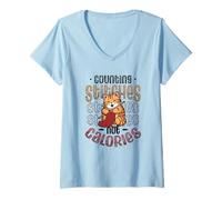 Womens Counting Stitches Not Calories Knitting Cat V-Neck T-Shirt