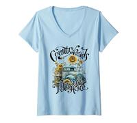 Womens Country Roads Sunflowers Truck Country Take Me Home V-Neck T-Shirt