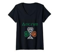 Womens County Antrim Belfast Shamrock Ireland Flag, craic and ceol, V-Neck T-Shirt