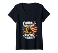 Women's Courage Unleashed, Pride Embraced - Bold Lion with Flag V-Neck T-Shirt