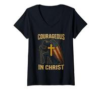 Womens Courageous in Christ Knight Cross Patriotic USA Flag Faith V-Neck T-Shirt