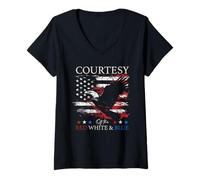 Womens Courtesy Of The Red White And Blue Vintage US Flag July 4th V-Neck T-Shirt