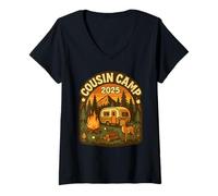 Womens Cousin Camp 2025 Outdoor Retro Camper Design V-Neck T-Shirt