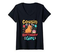 Womens Cousin Of The Birthday Girl Capybara Capy Lover Bday Family V-Neck T-Shirt