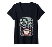 Womens Covens Coffins Curses Coffee Dark Sass |- V-Neck T-Shirt