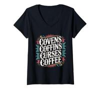 Womens Covens Coffins Curses Coffee Dark Sass - V-Neck T-Shirt