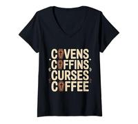 Womens Covens Coffins Curses Coffee Dark Sass |- V-Neck T-Shirt