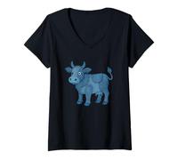 Womens Cow Denim Patchwork Patch Art Cute Cartoon V-Neck T-Shirt
