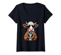 Womens Cow Face Sunglasses, Cool Funny Rebel Boss Hip Farm Animal V-Neck T-Shirt