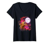 Womens Cow Howling at The Moon Pink Purple V-Neck T-Shirt