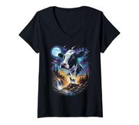 Women's Cow Howling at The Moon Vintage Livestock Art V-Neck T-Shirt