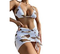 Women's Cow Print Swimsuit Halter Drawstring Bikini Set Hip Wrap Three Piece Bathing Suit Coffee