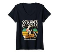Women's Cow Says Go Vegan Plant Based Obvious Reasons V-Neck T-Shirt