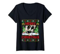Womens Cow Ugly Xmas Sweater Funny Farm Animal Cow Merry Christmas V-Neck T-Shirt