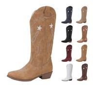 Women's Cowboy Boots Classic Retro Star Embroidery Knight Boots Western Style Pointed Toe Shoes High-Top Thick-Heeled Cow Boy Boot with Cowgirl Dress