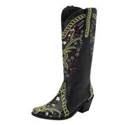 Womens Cowboy Boots, Flower Embroidered Cowgirl Boots Wide Mid Calf Ankle Shoes Retro Chunky Heel Western Boot Pointed Toe Slip On Boot Ladies Block Heel Cozy Casual Footwear Outdoor