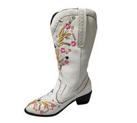 Women's Cowboy Boots Flower Embroidered Pointed Toe Retro Slip On Chunky Mid-Heels Western Cowgirls Boots Wide Fit Retro Leather Western Cowboy Half-Height Fashion Mid Calf Shoes for Parties & Dance