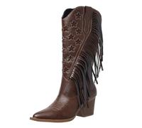 Womens Cowboy Boots, Mid Calf Fringe Boots Block Chunky Heel Cowgirl Shoes Pointed Toe Tassel Boot Retro Western Embroidered Riding Footwear Faux Leather Country Ankle Boot Classic Shoe