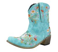 Women's Cowboy Boots Retro Floral Embroidered Western Boots Casual Winde Calf Pointed Toe Cowgirl Boots Ladies Winter Autumn Shoes Chunky Low Heels Horse Riding Boots Blue